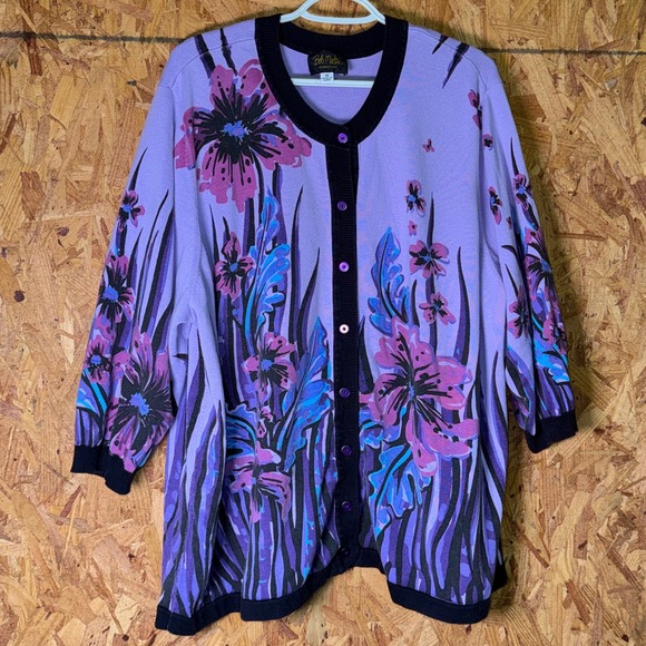 Bob Mackie Sweaters - Bob Mackie Purple Floral Cardigan Button Sweater Whimsical Cottagecore 3X Plus